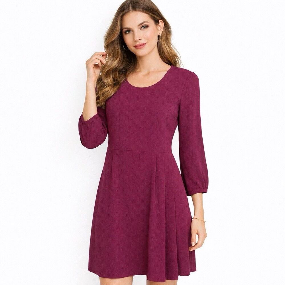 Of Mercer Dress Maroon Quarter Sleeve Fit Pleat Flare Knee Length Size 4